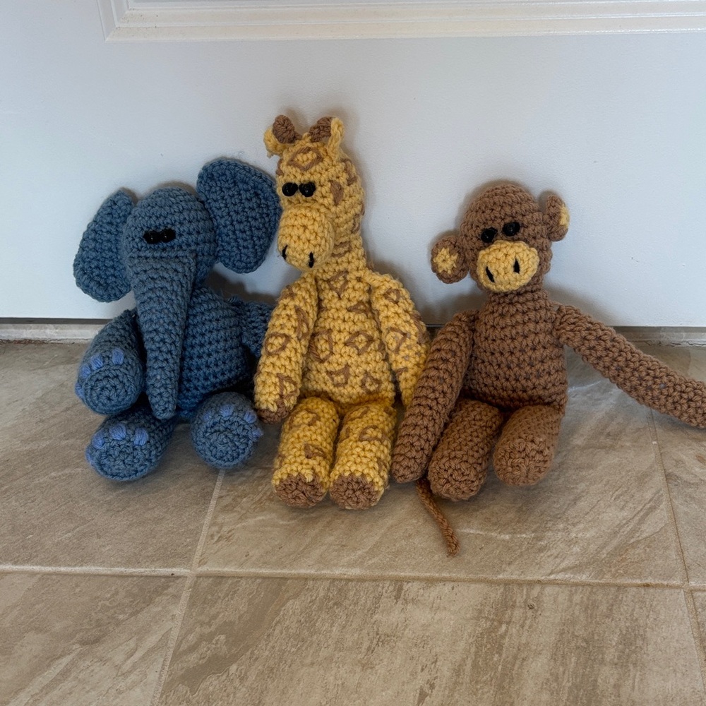 Handmade Crochet Animal Trio - Blue Elephant, Yellow Giraffe, Brown Monkey